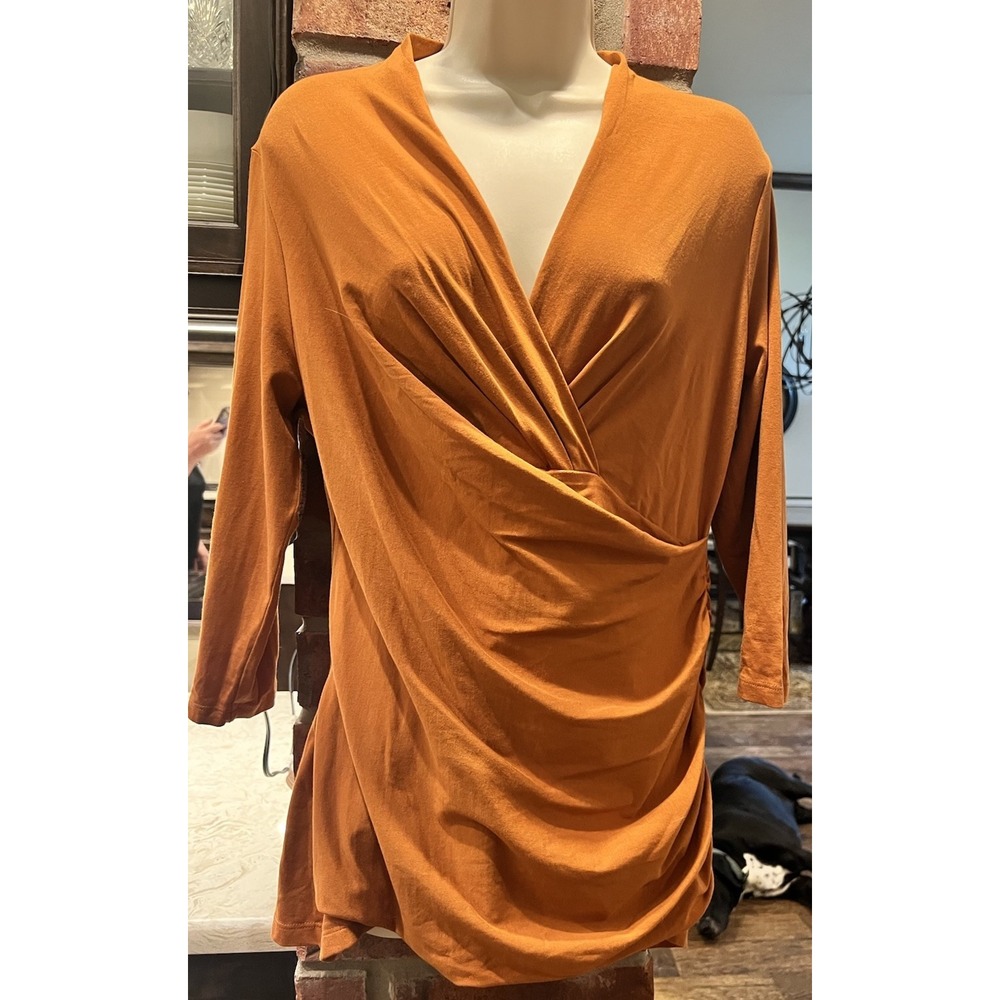 Peruvian Connection Cyprus Ruched Wrap Style  Top Burnt Orange Pima Cotton L